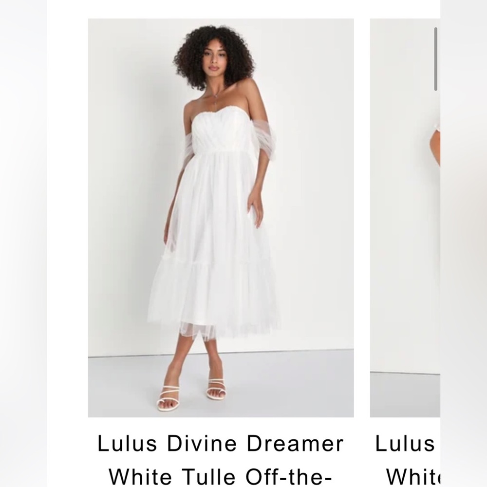 White Lulu’s tulle midi dress, off the shoulder